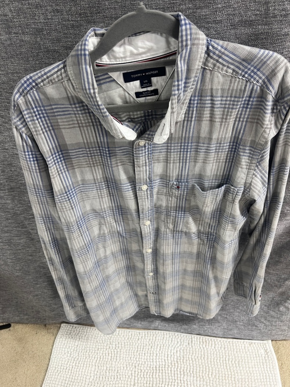Tommy Hilfiger Light Gray and Light Blue Plaid Button-Down Shirt